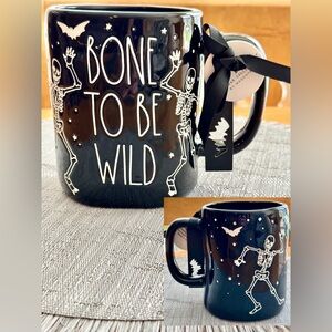 Rae Dunn BONE TO BE WILD Skeleton and Bats Double Sided Black Mug Brand NEW!!